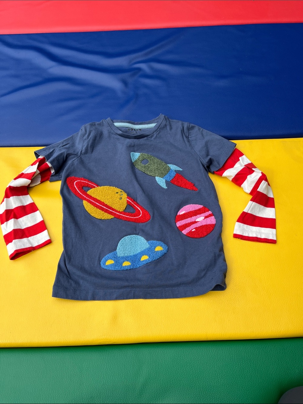 Boden Space Adventure Layered-Look Kids Shirt - Navy Red Stripe Sleeves 6-7y